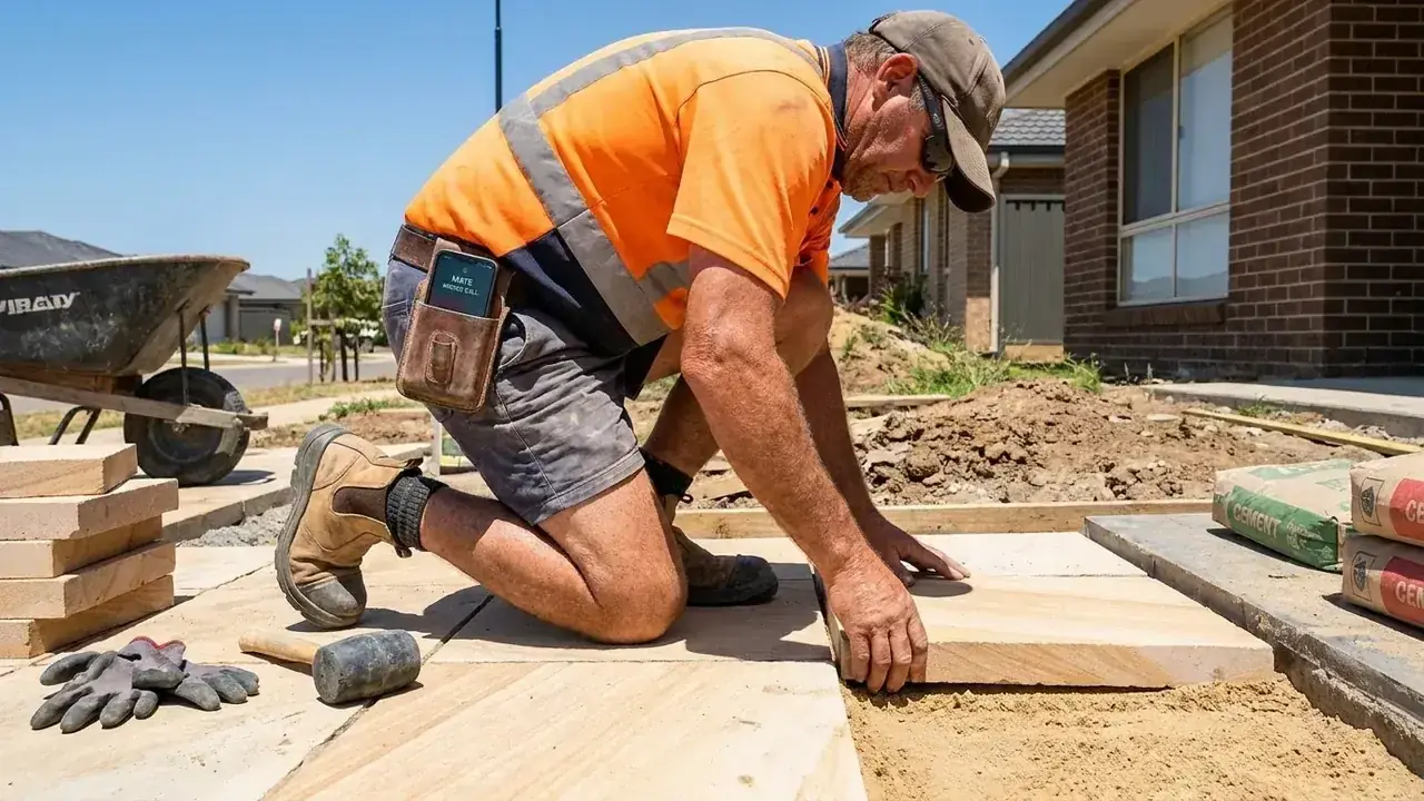Hardscape contractor working on a job site, unaware of a missed call notification on their phone